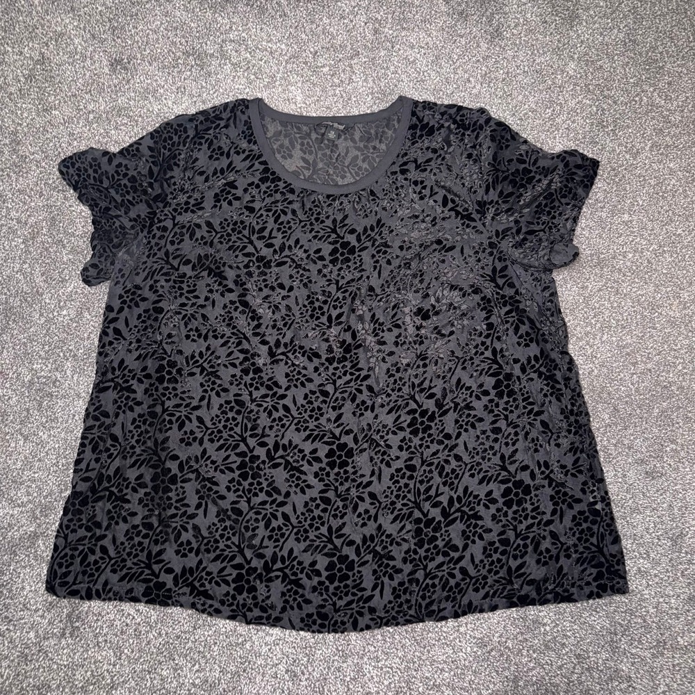 Lucky Brand Women's Sheer Black Floral Short Sleeve Shirt - Velvet - Size 1X‎